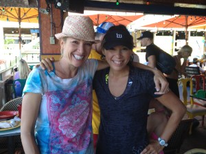 Dotsie Bausch, SpiderTech Rep and Olympian, and I at our Wattie Ink. Team Breakfast in Kona, HI.